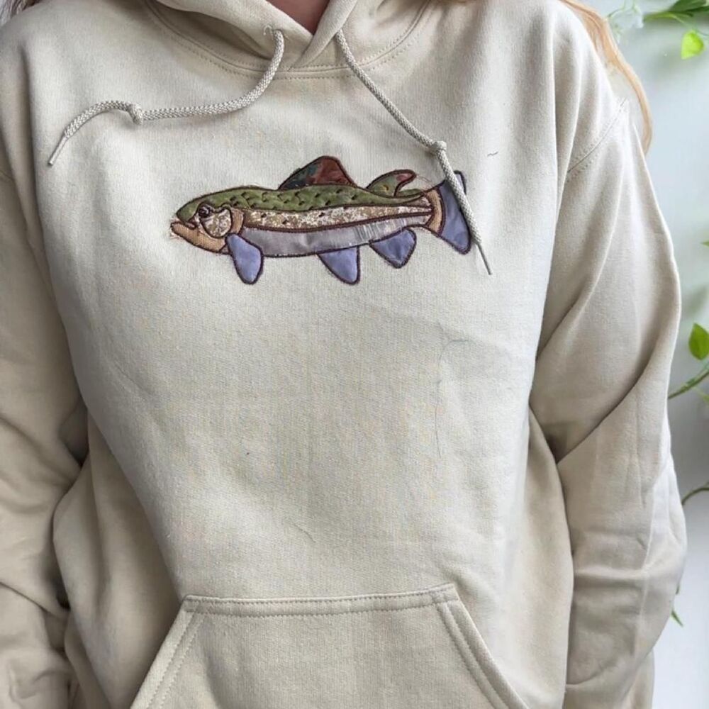 NWT embroidered patchwork fish appliqué tan fleece hoodie